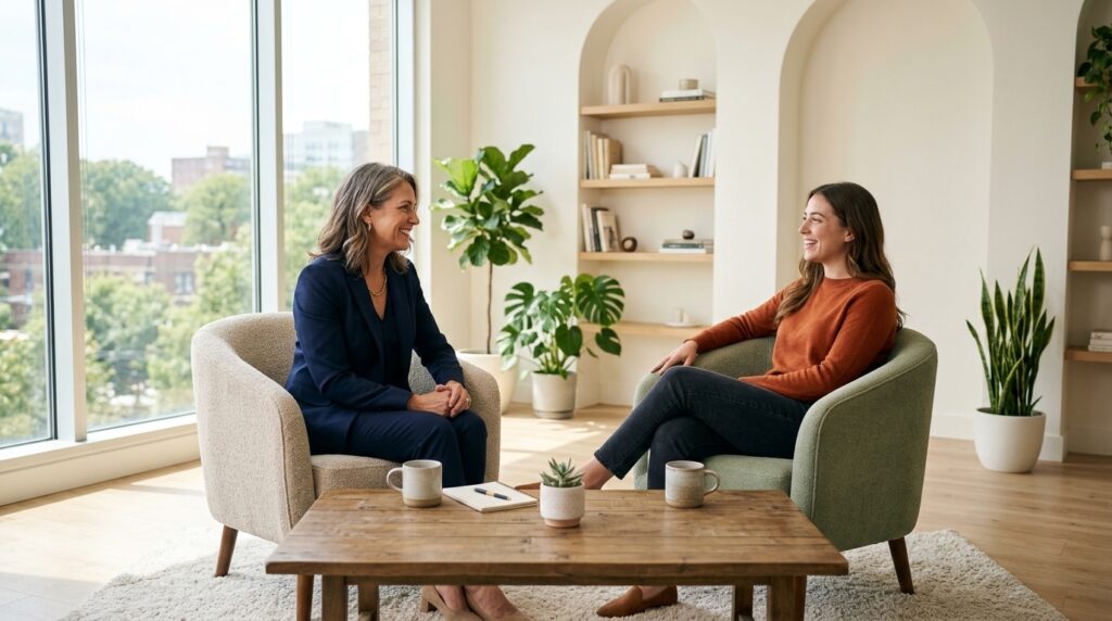 A smiling life coach in a bright, modern office having a supportive, one-on-one conversation with a relaxed client sitting across a wooden desk.