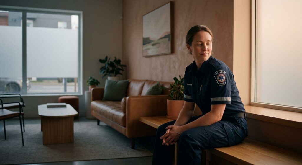 A firefighter and a paramedic sitting together outdoors in uniform, talking thoughtfully during a quiet moment on shift.